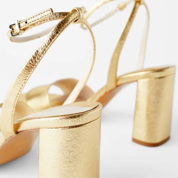 ZARA // ltd ed retro-chic block heel ankle strap faux leather gold - Picture 2 of 6